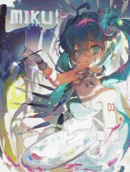 ahoge alternate_body_fluid alternate_costume aqua_eyes aqua_hair artist_name bare_shoulders breasts canvas_(object) clothes_writing collar crying crying_with_eyes_open drawing_(action) dress easel floating from_above gloves hair_between_eyes halter_dress halterneck hands_up hatsune_miku highres holding holding_paint_palette holding_paintbrush levitation long_hair looking_at_viewer medium_breasts metal_collar neck_ribbon number_tattoo paint_palette paint_splatter paintbrush palette_knife parted_lips ribbon shadow short_dress shoulder_tattoo sidelighting sitting sleeveless sleeveless_dress solo tattoo tears twintails vocaloid wanxiaoge white_gloves 