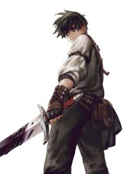  1boy bag belt black_eyes black_gloves black_hair black_pants blood blood_on_weapon bright_pupils brown_bag brown_belt commentary_request cowboy_shot fantasy fingerless_gloves from_side gloves hair_between_eyes highres holding holding_sword holding_weapon jun_(navigavi) long_sleeves looking_down looking_to_the_side male_focus nose original pants parted_lips shirt short_hair simple_background solo sword teeth vambraces waist_bag weapon white_background white_pupils white_shirt 
