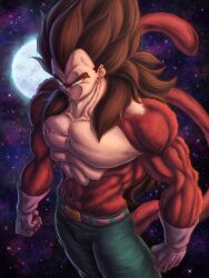  abs angry biceps blue_eyes blue_pants body_fur deltoids dragon_ball dragon_ball_gt full_moon gloves hair_over_shoulder highres mirai_art15 monkey_tail moon muscular muscular_male night pants purple_gloves red_fur spiky_hair star_(sky) super_saiyan super_saiyan_4 tail thick_eyebrows vegeta 