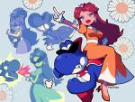  1boy 1girl :d absurdres angry blue_background blue_eyes blue_skin boshi_(super_mario_rpg) breathing_fire brown_hair claws clenched_hands closed_mouth collar colored_skin constricted_pupils cookie cookie_jar crown daisy dinosaur dress earrings fang fire flower flower_earrings food foxdropsdraws frown gloves heavy_breathing highres holding jewelry leaning_forward looking_at_another looking_up nintendo open_mouth orange_dress orange_footwear pointing princess_daisy red_footwear riding sash simple_background smile smirk spiked_collar spikes sunglasses super_mario_bros. super_mario_rpg white_sash 