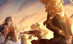  3girls aqua_eyes blonde_hair blue_eyes blue_flower blue_hair blue_ribbon blurry blurry_background brown_cardigan brown_dress cardigan closed_mouth clouds commentary curtained_hair dress english_commentary flower gradient_hair gradient_sky hair_flower hair_ornament hair_ribbon half_updo hasu_no_sanrenka hasu_no_sora_school_uniform highres hinoshita_kaho holding holding_behind_back holding_flower long_hair long_sleeves love_live! love_live!_hasu_no_sora_jogakuin_school_idol_club medium_hair mika_yui multicolored_hair multiple_girls murano_sayaka neckerchief open_cardigan open_clothes orange_hair osawa_rurino outdoors parted_bangs pink_flower rabbit_hair_ornament red_flower red_neckerchief red_ribbon ribbon sailor_collar sailor_dress school_uniform sky smile sunset two_side_up virtual_graduation_commemoration virtual_youtuber white_sailor_collar winter_uniform yellow_sky 