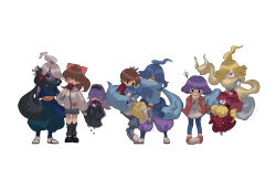  4boys 5girls absurdres amano_keita bad_id bad_pixiv_id black_eyes black_kimono black_sclera blonde_hair blue_eyes blue_hair blue_kimono blue_pantyhose blush brown_hair candy_apple closed_eyes colored_sclera floating flower food fubukihime glasses hair_flower hair_ornament hair_over_one_eye high_ponytail highres hikariorochi holding_hands hyakkihime japanese_clothes kageorochi kimono kodama_fumika long_hair loose_socks misora_inaho multicolored_hair multiple_boys multiple_girls open_mouth orochi_(youkai_watch) pantyhose plosauq8q733113 pom_pom_(cheerleading) ponytail purple_hair red_eyes red_hair red_kimono round_eyewear sentient_scarf short_hair simple_background smile socks standing traditional_youkai tsubakihime_(youkai_watch) two-tone_hair violet_eyes white_background youkai_(youkai_watch) youkai_watch yuki_onna 