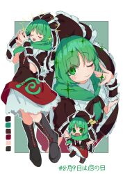  1girl black_boots blush boots bow chibi chibi_inset closed_mouth color_guide commentary_request dress facing_viewer frilled_bow frilled_ribbon frills green_eyes green_hair hair_bow highres kagiyama_hina lace-up_boots long_hair looking_at_viewer multiple_views myakopu notice_lines one_eye_closed open_mouth own_hands_together red_bow red_dress red_ribbon ribbon smile steepled_fingers touhou wrist_ribbon 
