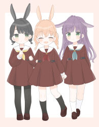  3girls :d absurdres animal_ears aqua_neckerchief black_pantyhose black_socks blush braid brown_dress brown_shoes cerise_bouquet closed_mouth commentary_request dress floppy_ears full_body fushigi_to_kimi_to_library green_eyes hand_on_another's_arm hasu_no_sora_school_uniform highres hinoshita_kaho holding_hands loafers long_sleeves lop_rabbit_ears love_live! love_live!_hasu_no_sora_jogakuin_school_idol_club low_twin_braids momose_ginko multiple_girls neckerchief official_alternate_hairstyle open_mouth orange_hair otomune_kozue pantyhose pleated_dress rabbit_ears rabbit_girl red_neckerchief sailor_collar sailor_dress school_uniform shoes short_braid short_dress side_braids sidelocks smile socks twin_braids umi_(nana_spring) virtual_youtuber white_background white_sailor_collar white_socks winter_uniform yellow_neckerchief 