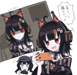  2girls ahoge animal_ear_headphones animal_ears arm_belt bare_shoulders belt_collar black_choker black_hair black_nails black_sweater cat_ear_headphones cat_ears cellphone choker collar commentary_request eyeball_hair_ornament fake_animal_ears headphones highres holding holding_phone kurobe_nanoka long_sleeves mahou_shoujo_no_majo_saiban multicolored_hair multiple_girls nail_polish off-shoulder_sweater off_shoulder open_mouth orange_eyes orange_nails orange_streaks phone sawatari_coco shirt short_hair single_bare_shoulder slit_pupils smartphone speech_bubble spoilers streaked_hair sweater tama_sakura translation_request turn_pale white_shirt 