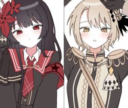  2girls aiguillette armband arms_up black_capelet black_coat black_gloves black_hair black_shirt blonde_hair capelet coat collared_shirt crown curtained_hair diamond_hair_ornament epaulettes flower gloves hair_flower hair_ornament hasumi_leia high_collar long_hair long_sleeves mahou_shoujo_no_majo_saiban mini_crown multiple_girls necktie nikaido_hiro plaid_clothes plaid_necktie red_armband red_eyes red_flower red_necktie sash shirt short_hair shoulder_sash side_capelet simple_background white_background white_shirt yellow_eyes yingyeomnsb yuri 
