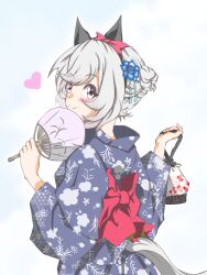  1girl animal_ears black_hairband blue_kimono blush bow closed_mouth commentary_request curren_chan_(umamusume) ear_bow ear_covers flower grey_hair hair_between_eyes hair_bun hair_flower hair_ornament hairband hand_fan heart highres holding holding_fan horse_ears horse_girl horse_tail japanese_clothes kimono long_sleeves red_bow short_hair smile solo tail umamusume violet_eyes zukki_(bijitaru) 
