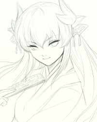  1girl character_request closed_mouth copyright_request folded_fan folding_fan hair_ornament hand_fan highres holding holding_fan lineart long_hair looking_at_viewer monochrome sketch smile stanley_lau tassel 