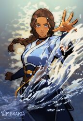  1girl absurdres aged_up artist_logo avatar:_the_last_airbender avatar_aang:_the_last_airbender avatar_legends blue_eyes blue_pants blue_shirt braid braided_ponytail breasts clenched_hand closed_mouth commentary cowboy_shot dark-skinned_female dark_skin english_commentary fur_trim hand_up highres hydrokinesis jewelry katara logo long_hair low-tied_long_hair medium_breasts narrow_waist open_hand overskirt pants pendant pendant_choker serious shirt short_sleeves umbra_(edits_umbra) water 