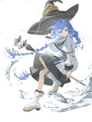  1girl ahoge airfish_(lefko_d) black_dress blue_eyes blue_hair boots braid commentary dress hair_between_eyes hat highres holding holding_staff large_hat liquid long_hair looking_at_viewer mage_staff mushoku_tensei roxy_migurdia solo staff twin_braids very_long_braid white_background white_boots witch_hat 