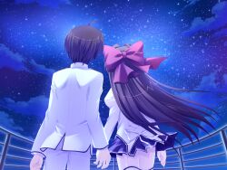  1boy 1girl ahoge arms_at_sides back_ribbon benzaiten_enishi black_hair bow brown_hair clouds cowboy_shot cross-laced_clothes facing_away fence fisheye floating_hair from_behind from_below game_asset hair_bow hair_intakes half_updo high_collar highres iron_fence jacket juliet_sleeves long_hair long_sleeves looking_up miniskirt nanairo_kouro night non-web_source outdoors pants pleated_skirt puffy_sleeves purple_skirt red_bow ribbon sasorigatame school_uniform self-datamine short_hair shoulder_boards side-by-side skirt sky star_(sky) thigh-highs very_long_hair white_jacket white_pants white_ribbon white_thighhighs 