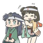  2girls :3 blue_hair brown_hair closed_eyes feet_out_of_frame ferret-san green_eyes green_hakama green_kimono hakama hakama_short_skirt hakama_skirt headband hiryuu_(kancolle) japanese_clothes kantai_collection kimono multiple_girls one_side_up short_hair simple_background sitting skirt souryuu_(kancolle) standing white_background 