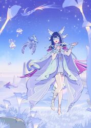  1girl ankle_strap arm_strap bare_shoulders barefoot black_hair blue_dress blue_flower blunt_bangs bow bowtie choker clenched_hand closed_eyes collarbone colored_inner_hair columbina_(genshin_impact) creature crescent dress eye_mask feathered_wings fins fish_tail floating_clothes floating_hair flower flying full_body genshin_impact grass hair_ornament hair_tubes hand_on_own_chest hands_up head_wings highres kuuhenki_(genshin_impact) long_hair long_sleeves mask multicolored_hair multiple_moles off-shoulder_dress off_shoulder open_mouth outdoors pink_hair purple_sky shark shark_tail sidelocks sky smile solo standing standing_on_one_leg star_(sky) starry_sky tail thigh_strap tongue two-tone_dress velkia very_long_hair white_bow white_bowtie white_choker white_dress white_mask wide_sleeves wings wrist_bow x_hair_ornament 