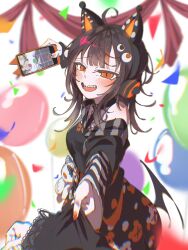  :d ahoge animal_ear_headphones animal_ears arm_belt asymmetrical_sleeves balloon bare_shoulders belt belt_collar black_choker black_hair black_sweater cat_ear_headphones cat_ears choker chromatic_aberration collar commentary confetti eyeball_hair_ornament fake_animal_ears frilled_sleeves frills happy_birthday headphones highres illust_flop long_sleeves looking_at_viewer mahou_shoujo_no_majo_saiban meme multicolored_hair nail_polish off-shoulder_sweater off_shoulder open_mouth orange_eyes orange_nails orange_streaks pov pov_hands saeki_miria sawatari_coco selfie sharp_teeth shirt short_hair single_bare_shoulder slit_pupils smile streaked_hair striped_sleeves stuffed_animal stuffed_cat stuffed_toy sweater teeth white_shirt you_look_tuff_i'm_taking_a_photo_(meme) 