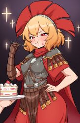  1girl absurdres armor blonde_hair borrowed_character breastplate cake centurii-chan_(character) corinna21210534 eating food fork furrowed_brow greco-roman_clothes hand_on_own_hip highres holding holding_cake holding_food holding_fork lipstick_mark original red_eyes roman_armor roman_clothes 