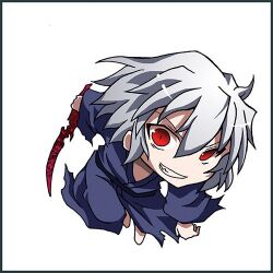  1boy barefoot blue_kimono blue_sash chibi chibi_only floating_clothes floating_hair grin hair_between_eyes hemokinesis holding holding_knife japanese_clothes kimono knife looking_at_viewer lowres male_focus medium_hair pale_skin red_eyes sash sidelocks smile solo tententensan tohno_shiki_(original) torn_clothes torn_kimono tsukihime white_hair wide_sleeves 