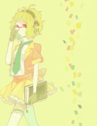  1girl back_bow bad_drawr_id bad_id bare_shoulders bespectacled black_gloves book bow collared_shirt confetti cowboy_shot glasses gloves green_background green_hair green_necktie gumi headphones holding holding_book jacket looking_at_viewer necktie ogi_(sham00) open_clothes open_jacket over-rim_eyewear red-framed_eyewear red_eyes red_jacket sash semi-rimless_eyewear shirt short-sleeved_jacket short_hair short_sleeves skirt solo thigh-highs tie_clip vocaloid waist_sash walking white_shirt white_thighhighs yellow_skirt 