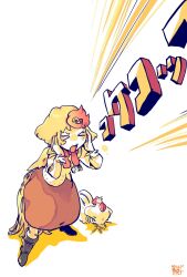  >_< 1girl animal_on_head baby_animal bird bird_tail black_boots blonde_hair blush boots chick chicken commentary dated highres kokechankokko long_sleeves multicolored_hair neckerchief niwatari_kutaka on_head open_mouth orange_skirt red_hair red_neckerchief shirt shouting_with_hands skirt solo tail touhou translation_request two-tone_hair untranslatable_commentary white_background white_shirt wings 