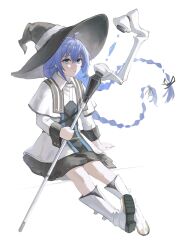  1girl black_hat blue_eyes blue_hair boots braid closed_mouth dress full_body hat highres holding holding_staff long_hair mage_staff mushoku_tensei roxy_migurdia simple_background sitting solo staff tarinne twin_braids white_background white_boots white_dress witch_hat 