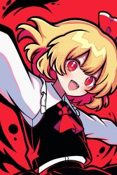  1girl absurdres ascot black_skirt black_vest blonde_hair blush bright_pupils collared_shirt commentary_request darkness hair_ribbon highres kukurukurukuru looking_at_viewer open_mouth outstretched_arms red_ascot red_background red_eyes red_ribbon ribbon rumia shirt skirt skirt_set smile solo spread_arms teeth touhou upper_teeth_only vest white_pupils white_shirt 
