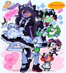  4girls animal_ears apron black_dress black_eyes black_hair black_shoes blue_flower bow bowtie butler clothing_cutout commentary cup dress english_commentary english_text flower food four-finger_heart_hands frog_girl furry furry_female hat heart heart_cutout heart_hands highres holding_own_dress jacket jax_(female)_(the_amazing_digital_circus) jax_(the_amazing_digital_circus) jester_cap long_hair m0nacrose maid maid_headdress multiple_girls official_alternate_costume one_eye_closed pantyhose pie pie_slice pomni_(the_amazing_digital_circus) purple_jacket rabbit_ears rabbit_girl ragatha_(the_amazing_digital_circus) red_bow red_bowtie red_hair ribbit_(the_amazing_digital_circus) shoes socks tea teacup the_amazing_digital_circus very_long_hair white_apron white_pantyhose white_socks 