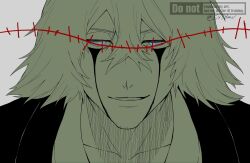  1boy beard_stubble black_haori bleach blood blood_from_eyes blue_eyes collarbone crossed_bangs facial_hair grey_background hair_between_eyes haori highres japanese_clothes light_smile limited_palette looking_at_viewer male_focus parted_lips short_hair solo stitches stubble sx1bmv twitter_username urahara_kisuke 