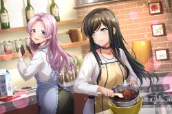  2girls aoyagi_tsubaki apron black_hair black_nails blue_apron bottle candy chocolate chocolate_bar collar collarbone cooking_pot cutting_board d4dj double_boiler drink_carton ear_piercing earrings fingernails food game_asset green_skirt grey_eyes highres holding jewelry kitchen long_hair looking_at_another milk_carton multiple_girls nail_polish official_art open_mouth oven piercing pink_hair shirt skirt solo stirring teeth third-party_source upper_body upper_teeth_only white_shirt wine_bottle yano_hiiro yellow_apron 