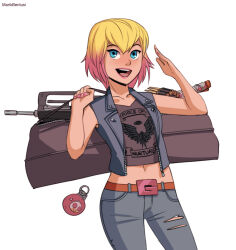  1girl artist_name bag belt blonde_hair blue_eyes brown_bag brown_belt brown_shirt bullet clothes_writing collarbone commentary cowboy_shot duffel_bag english_commentary explosive eyelashes fingernails gradient_hair grenade grey_jacket grey_pants gun gwenpool hair_between_eyes holding holding_bag jacket lips marik_bentusi marvel midriff multicolored_hair nail_polish navel open_clothes open_jacket open_mouth pants pink_hair pink_lips pink_nails shirt short_hair simple_background sleeveless sleeveless_jacket sleeveless_shirt smile solo teeth torn_clothes torn_pants two-tone_hair upper_teeth_only v-neck weapon white_background 