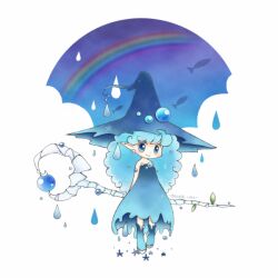  1girl arms_behind_back artist_name bare_shoulders blue_boots blue_dress blue_eyes blue_hair blue_hat boots closed_mouth commentary curly_hair dress earrings fish flying_fish full_body hat holding holding_staff jewelry looking_at_viewer mage_staff orange_lore original pointy_ears rain rainbow smile solo staff standing strapless strapless_dress witch_hat 