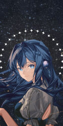  1girl absurdres adapted_costume arknights astesia_(arknights) astesia_(starseeker)_(arknights) backless_dress backless_outfit blue_eyes blue_hair dress highres immeasurable looking_at_viewer original photo_background sky smile solo star_(sky) starry_sky 