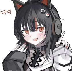  1girl :d ahoge animal_ear_headphones animal_ears arm_belt asymmetrical_sleeves belt_collar black_choker black_hair black_nails black_sweater cat_ear_headphones cat_ears choker collar commentary_request eyeball_hair_ornament fake_animal_ears fish_xxxxxx headphones korean_commentary long_sleeves looking_at_viewer mahou_shoujo_no_majo_saiban multicolored_hair nail_polish open_mouth orange_eyes orange_nails orange_streaks portrait sawatari_coco sharp_teeth shirt short_hair simple_background slit_pupils smile solo streaked_hair striped_sleeves sweater teeth white_background white_shirt 
