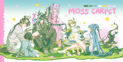  2boys 4girls absurdres aged_down arknights arm_support barefoot beer_bottle black_hair black_hands black_pajamas blue_dress blue_hair blue_hands blue_shorts bottle braid braiding_another's_hair braiding_hair brown_hair brushing_another's_hair brushing_hair chest_tattoo child chinese_commentary chongyue_(arknights) colored_extremities commentary_request curtained_hair dragon_boy dragon_girl dragon_horns dragon_tail dress eastern_dragon_horns eastern_dragon_tail empire_waist english_text facing_away fan_mu_zhang full_body fur-tipped_tail gradient_hair grey_hair grey_shirt grey_streaks hair_intakes hairdressing half_updo halftone happy_aura highres holding holding_bottle horns indian_style jie_(arknights) jun_(arknights) knees_up leaning_forward ling_(arknights) long_hair long_sidelocks looking_at_another low_ponytail low_twintails meadow moss multicolored_hair multiple_boys multiple_girls no_shoes open_mouth pajamas pants parted_bangs pointy_ears ponytail profile purple_dress purple_hair red_eyes shirt shirt_under_dress short_hair shorts shu_(arknights) siblings sidelocks single_braid sitting slippers socks streaked_hair tail tattoo thick_tail toes twintails two-tone_hair unworn_slippers very_long_tail violet_eyes wang_(arknights) watermark wavy_hair weibo_username weibo_watermark white_dress white_hair white_pants white_shirt white_socks yellow_hands yokozuwari 