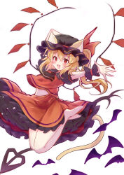  1girl absurdres alternate_color animal_ears ascot banfen_mocha_mashu barefoot bat_(animal) black_hat blonde_hair blush cat_ears cat_girl cat_tail commentary_request crystal crystal_wings fang flandre_scarlet frilled_skirt frills full_body halloween halloween_costume hat highres laevatein_(touhou) long_hair looking_at_viewer mob_cap open_mouth orange_skirt orange_vest puffy_short_sleeves puffy_sleeves red_eyes short_sleeves skirt skirt_set smile solo tail touhou vest wings wrist_cuffs 
