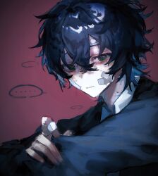  ... 1boy absurdres averting_eyes bandaid bandaid_on_cheek bandaid_on_face bandaid_on_forehead black_jacket closed_mouth collared_shirt crossed_bangs degrees_of_lewdity eyebrows_hidden_by_hair fingernails from_side green_eyes hair_between_eyes highres inverted_eyelashes jacket kylar_(degrees_of_lewdity) kylar_(male)_(degrees_of_lewdity) leaning_back lingqi727 long_sleeves male_focus nervous_sweating portrait red_background shirt simple_background solo spoken_ellipsis sweat wavy_hair wavy_mouth white_shirt 