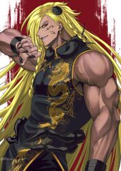  1boy abs arihyu beelzebub_(granblue_fantasy) black_nails blonde_hair chinese_clothes dark-skinned_male dark_skin dragon_print earrings facial_mark fingernails granblue_fantasy highres jewelry long_hair looking_at_viewer male_focus muscular muscular_male narrowed_eyes parted_lips purple_lips red_eyes sharp_fingernails simple_background solo twitter_username v-shaped_eyebrows veins veiny_arms very_long_hair 