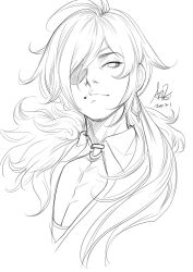  1boy ahoge closed_mouth clothing_cutout commentary cropped_torso earrings english_commentary eyepatch genshin_impact highres jewelry kaeya_(genshin_impact) lineart looking_at_viewer making-of_available male_focus monochrome one_eye_covered signature single_earring sketch solo stanley_lau 
