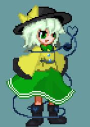  1girl black_boots black_hat boots bow buttons collared_shirt commentary diamond_button disembodied_linked_eye english_commentary eyeball frilled_shirt_collar frilled_sleeves frills green_background green_eyes green_hair green_skirt hat hat_bow heart heart_of_string komeiji_koishi long_sleeves medium_hair open_mouth pixel_art plazmic shirt simple_background skirt smile solo touhou wide_sleeves yellow_bow yellow_shirt 