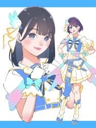  2girls absurdres azabu_mai black_hair blue_eyes blue_shirt blunt_bangs bob_cut closed_mouth commentary_request crop_top cropped_shirt dou-da?_doing! endo_rina fujiwaland gloves hands_on_own_hips highres ikizulive!_love_live!_bluebird looking_at_viewer love_live! medium_hair midriff miniskirt multiple_girls navel pleated_skirt purple_hair real_life sailor_collar shirt short_hair single_sleeve skirt smile voice_actor voice_actor_connection white_gloves white_sailor_collar white_skirt 