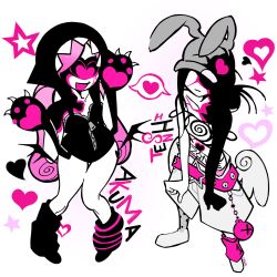  2girls alien_stage animal_ear_headwear animal_ears aster1e beanie belt black_hat black_leg_warmers black_leotard camisole commentary earflap_beanie grey_hat hat heart highres leg_warmers leotard mismatched_leg_warmers mizi_(alien_stage) mizi_(zombie_stage) multiple_girls official_alternate_costume panties panty_peek paw_print pink_belt rabbit_ear_headwear rabbit_ears romaji_text shorts spiral_print spoken_heart star_(symbol) star_belt_buckle strap_slip strapless strapless_leotard sua_(alien_stage) sua_(zombie_stage) underwear white_camisole zipper_leotard zombie_stage 