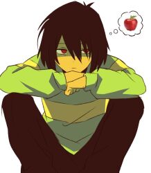  1other apple brown_hair brown_pants colored_skin commentary deltarune english_commentary expressionless food fruit green_sweater helllmari kris_(deltarune) other_focus pants red_eyes simple_background single_horizontal_stripe speech_bubble squatting striped_clothes striped_sweater sweater thought_bubble utdr_(toby_fox) white_background yellow_skin 