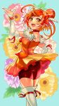 1girl aqua_background ass back bike_shorts bike_shorts_under_skirt choker cure_sunny floral_background hair_bun highres hino_akane_(smile_precure!) looking_back magical_girl open_mouth orange_choker orange_eyes orange_hair orange_skirt orange_theme precure ramune02 red_shorts short_hair shorts shorts_under_skirt single_hair_bun skirt smile smile_precure! solo thigh-highs tiara