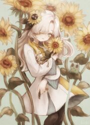  1girl absurdres black_pantyhose blonde_hair creature dress expressionless flower gomidasu_(kamitsubaki_studio) grey_eyes grey_hair haiki_(hakkyoii06) hair_flower hair_ornament hair_over_one_eye highres isekaijoucho kamitsubaki_studio long_hair looking_at_viewer multicolored_hair pantyhose sunflower two-tone_hair 