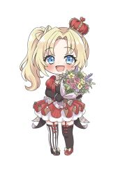  1girl 6th_live_dream_~bloom_garden_party~ :d absurdres arched_crown asymmetrical_legwear black_gloves black_thighhighs blush bouquet bow-shaped_hair commentary_request crown curtained_hair deformed dress elbow_gloves fang flower flower_stand_art garter_straps gloves highres holding holding_bouquet love_live! love_live!_hasu_no_sora_jogakuin_school_idol_club mismatched_legwear mismatched_thighhighs open_mouth osawa_rurino parted_bangs pink_flower puffy_short_sleeves puffy_sleeves pukupuku_(puku_shiohime) red_crown red_dress short_dress short_sleeves side_ponytail skin_fang smile solo striped_clothes striped_thighhighs thigh-highs tilted_headwear vertical-striped_clothes vertical-striped_thighhighs virtual_youtuber white_thighhighs yellow_flower zenhoi_kyun 