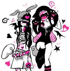  ! 2girls alien_stage angel_wings animal_ear_headwear animal_ears beanie belt black_hair black_hat black_leotard black_wings camisole commentary curled_ends demon_wings detached_wings earflap_beanie english_commentary frown grey_hat hat highres kyuumia leg_up leotard long_hair low_wings lowleg mizi_(alien_stage) mizi_(zombie_stage) multiple_girls official_alternate_costume pink_belt pink_hair rabbit_ear_headwear rabbit_ears shorts spiral_print spoken_blush spoken_exclamation_mark strap_slip strapless strapless_leotard sua_(alien_stage) sua_(zombie_stage) very_long_hair white_camisole white_wings wings zipper zipper_leotard zipper_pull_tab zombie_stage 