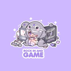  1girl :d absurdres blush chibi chibi_only commentary controller crt decrilus english_commentary english_text floppy_disk full_body game_console game_controller grey_hair hair_over_one_eye handheld_game_console highres holding holding_handheld_game_console hololive hololive_english kneehighs knees_up koseki_bijou long_hair low_twintails open_mouth outline pebble_(koseki_bijou) purple_background purple_socks simple_background sitting sleep_mask smile socks solo striped_clothes striped_socks television twintails violet_eyes virtual_youtuber white_outline 
