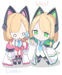  2girls absurdres animal_ear_headphones animal_ears blonde_hair blue_archive bow cat_ear_headphones chibi closed_mouth commentary_request fake_animal_ears full_body green_eyes hair_bow headphones highres jam_(jamjam777) midori_(blue_archive) momoi_(blue_archive) multiple_girls o_o shirt siblings sisters smile white_shirt 
