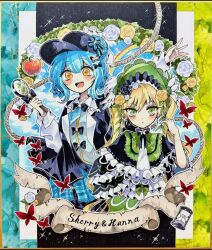  2girls :d bird_hat_ornament black_bow black_bowtie black_capelet black_flower black_hat black_rose blonde_hair blue_hair blue_necktie blue_skirt bonnet bow bow_flower bowtie braid braided_hair_rings bug butterfly capelet character_name collared_shirt commentary_request deerstalker dress flower frilled_capelet frilled_dress frilled_skirt frilled_sleeves frills gold_border green_bonnet green_eyes grey_vest hair_bow hair_flower hair_ornament hair_rings hat hat_bow highres holding holding_magnifying_glass layered_dress layered_skirt lolita_fashion long_hair long_sleeves looking_at_viewer magnifying_glass mahou_shoujo_no_majo_saiban multiple_girls necktie noa_rei one-hour_drawing_challenge open_mouth plaid_clothes plaid_skirt rainbow red_butterfly rope rose shikishi shirt short_hair skirt sky smile tachibana_sherry tono_hanna translation_request twintails two-tone_dress vest white_flower white_rose white_shirt wide_sleeves winged_hat wreath yellow_eyes yellow_flower yellow_rose 