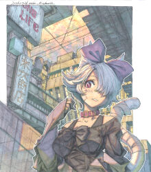  1girl animal_ear_fluff bandaged_tail black_bow blush border bow bra_strap breasts building cat_girl cat_tail chest_bow city collar collarbone commentary_request cyberpunk_(series) dated dress eyeshadow fang fingernails flipped_hair flipped_sidelocks grey_jacket hair_bow hair_over_one_eye industrial industrial_pipe jacket jacket_partially_removed large_breasts long_fingernails makeup making-of_available meiz original outdoors outline parted_lips pink_bow pink_pupils red_collar red_eyes red_eyeshadow red_lips short_hair sign signature skin_fang solo strapless strapless_dress sunlight tail traditional_media twilight upper_body water_tank white_border white_hair white_outline 