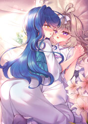  2girls :d antenna_hair ass blue_hair blush bow brown_eyes brown_hair commentary_request curtains day dress dutch_angle eye_contact flower girl_on_top grey_pantyhose hair_between_eyes hair_bow hair_intakes hairband holding_hands howa_kurea indoors interlocked_fingers leg_between_thighs long_hair looking_at_another lying meitantei_precure! moria_luluka multiple_girls on_back pantyhose precure smile sunlight suzunone_rena very_long_hair violet_eyes white_bow white_dress white_flower white_hairband yuri 