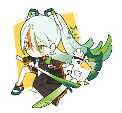  1girl armband artist_name black_jacket black_skirt chibi fighting_miku_(project_voltage) food food-themed_hair_ornament full_body gloves green_armband green_eyes green_hair hair_between_eyes hair_ornament hatsune_miku holding holding_food holding_spring_onion holding_vegetable jacket long_hair melanbread multicolored_hair necktie on_one_knee pokemon pokemon_(creature) project_voltage shield shoes simple_background sirfetch'd skirt sneakers solo spring_onion spring_onion_hair_ornament streaked_hair thick_eyebrows thigh-highs twintails vegetable vocaloid white_background white_gloves white_necktie white_shoes white_thighhighs yellow_background 